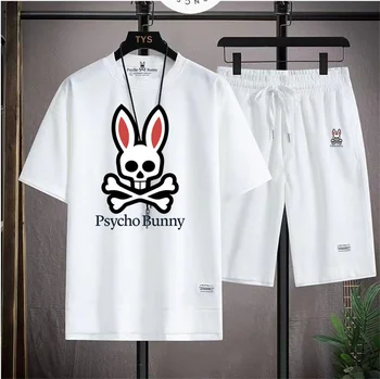 Новый летний мужской комплект 2023 года с принтом Psycho Bunny1-1, коротким рукавом с круглым вырезом и шортами из двух частей Изображение 2