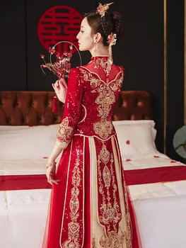 Китайская пара, винтажный воротник-стойка, одежда для тостов Чонсам, костюм с вышивкой Дракона и Феникса, Свадебное платье Изображение 2