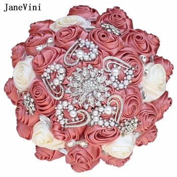 JaneVini Пыльно-розовый, цвета слоновой кости, Свадебные букеты с серебряными Кристаллами, Атласные розы ручной работы, Украшенные стразами, Свадебный букет невесты, Цветок