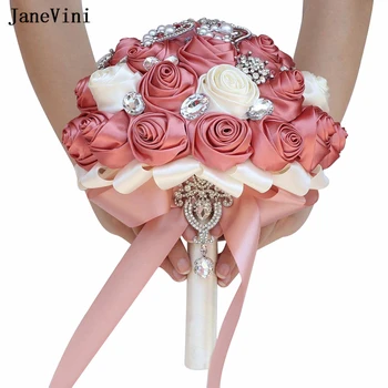JaneVini Пыльно-розовый, цвета слоновой кости, Свадебные букеты с серебряными Кристаллами, Атласные розы ручной работы, Украшенные стразами, Свадебный букет невесты, Цветок Изображение 2