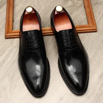 Итальянская обувь для мужчин, Вечерняя Летняя мужская обувь из натуральной кожи, Платье 2022, черно-коричневые свадебные туфли-оксфорды ручной работы на шнуровке Изображение 2