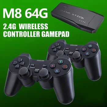 HD 4k M8 Game Stick Беспроводная Игровая консоль 64 ГБ Встроенная 10000 Ретро ТВ-игра с Двойным беспроводным контроллером 2,4 G для GBA/PS1 Изображение 2