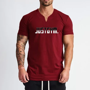 Модная хлопковая футболка для тренировок с V-образным вырезом и коротким рукавом, тонкая мужская летняя спортивная футболка для бега