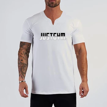Модная хлопковая футболка для тренировок с V-образным вырезом и коротким рукавом, тонкая мужская летняя спортивная футболка для бега Изображение 2
