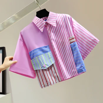Женская рубашка в стиле Харадзюку соответствующего цвета, Летняя одежда для похудения, короткая блузка и рубашка в полоску с высокой талией, Модные блузки для девочек