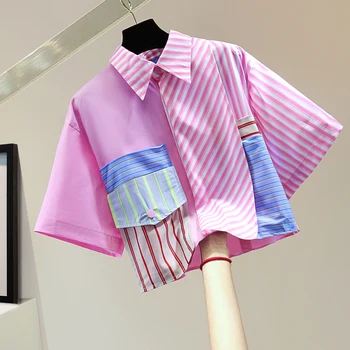 Женская рубашка в стиле Харадзюку соответствующего цвета, Летняя одежда для похудения, короткая блузка и рубашка в полоску с высокой талией, Модные блузки для девочек Изображение 2