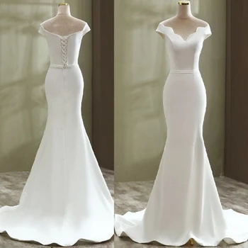 #9293 Элегантное Свадебное платье-футляр с коротким рукавом и V-образным вырезом, Простое Мягкое Атласное Свадебное платье с открытой спиной, Женское Свадебное платье Vestido De Noiva
