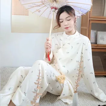 Ледяная Шелковая Пижама, Женская Китайская пряжка в Елочку, Домашняя одежда, Весенний элегантный костюм в стиле Ретро С длинным рукавом, пижама Hanfu Изображение 2
