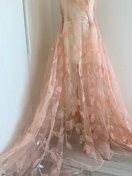 1 Ярд Персиковых 3D цветов для Модного свадебного платья из бисера, Тюлевая Кружевная ткань с цветами