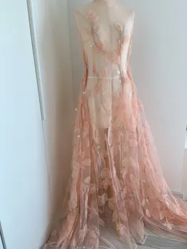 1 Ярд Персиковых 3D цветов для Модного свадебного платья из бисера, Тюлевая Кружевная ткань с цветами Изображение 2