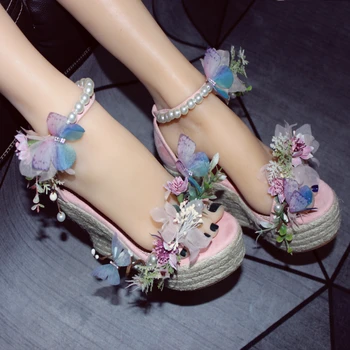 Летняя фея, бабочка, цветок, Плетеные из веревки Босоножки на танкетке, Женские свадебные туфли с жемчужным ремешком, танкетка на платформе, открытый носок