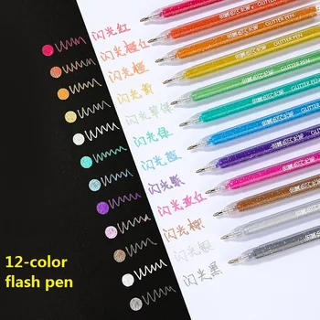 Zoecor Kawaii 12 цветов/комплект, блестящие гелевые ручки, вспышка, флуоресцентная ручка для школьного рисования, маркеры для рисования, канцелярские книги, журналы Изображение 2