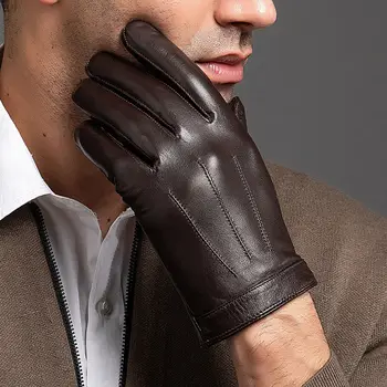 Осенне-зимние мужские модные деловые короткие перчатки с сенсорным экраном на весь палец, перчатки для вождения мотоцикла из натуральной овчины Изображение 2