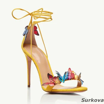 2023, Летние женские туфли на высоком тонком каблуке с ремешком на щиколотке и бабочкой, желтые модные тонкие туфли-лодочки, женские босоножки без застежки с круглым носком