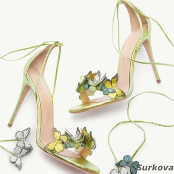 2023, Летние женские туфли на высоком тонком каблуке с ремешком на щиколотке и бабочкой, желтые модные тонкие туфли-лодочки, женские босоножки без застежки с круглым носком Изображение 2