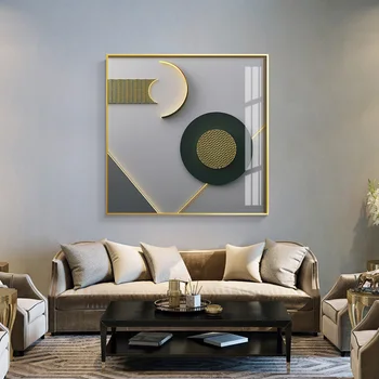 Картина на холсте в скандинавском стиле с золотым эффектом и черным кругом, настенные панно для гостиной, спальни и прохода, уникальные картины Изображение 2