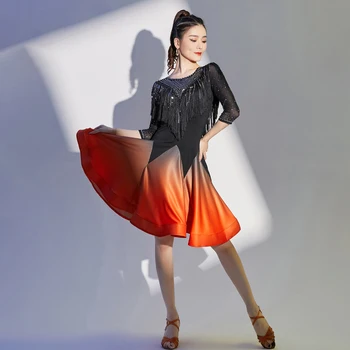 Платье для латиноамериканских танцев, женское соревновательное эластичное платье для Саши Самбы, платье для групповых занятий, Атласное платье с кисточками Изображение 2