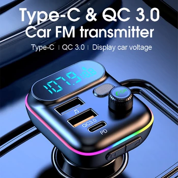 Принадлежности для интерьера автомобиля 5,0 FM-передатчик PD 20 Вт USB-C QC3.0 Двойное зарядное устройство USB 7-красочный Атмосферный MP3-плеер Изображение 2