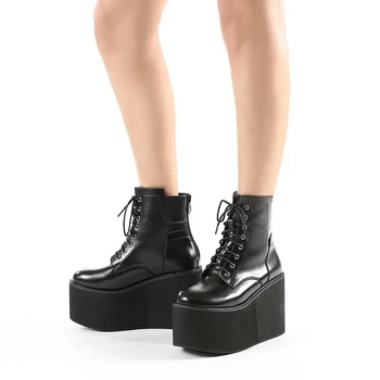 Черные ботильоны на платформе, женские ботинки на толстом высоком каблуке, женские ботинки на танкетке в стиле панк, Женская обувь, Пинетки, Размер 43 Изображение 2