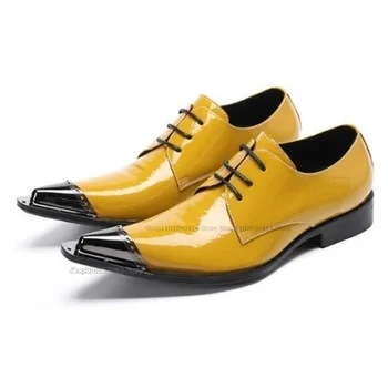 Мужские Лоферы с желтым декором и ремешками, Высококачественная Мужская обувь Из лакированной Кожи, Официальные мужские модельные туфли, Новые туфли с низким берцем