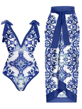 Новое синее бикини с принтом, модный цельный купальник и накидка с юбкой, обтягивающий женский бандаж, Летний Пляж, Роскошный, Элегантный