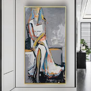 Изображение Элегантно сидящей Леди, рисунок ручной работы, картина маслом, Декор, Картины для гостиной, Женская модель, Серые картины