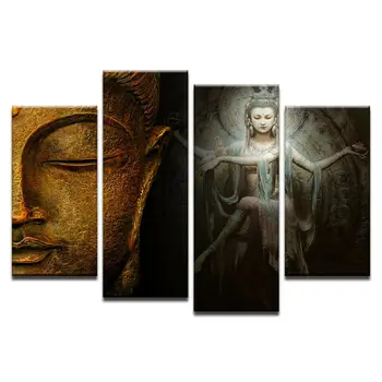Сострадание Будды и бога Гуань Инь, 4 панели, настенная художественная живопись, Печать на холсте, картины для домашнего декора Изображение 2