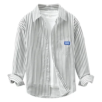 Рубашки в полоску в стиле ретро для мужчин, повседневные топы с длинными рукавами, Мужская Белая рубашка из чистого хлопка с отложным воротником и пуговицами, одежда