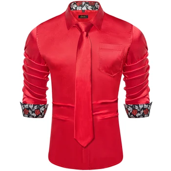 Мужские рубашки из эластичного атласа с цветочным рисунком Красной розы, контрастные мужские рубашки с длинным рукавом, Дизайнерская мужская одежда