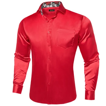 Мужские рубашки из эластичного атласа с цветочным рисунком Красной розы, контрастные мужские рубашки с длинным рукавом, Дизайнерская мужская одежда Изображение 2