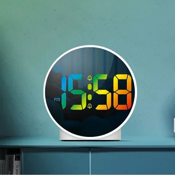 Простые английские светодиодные зеркальные часы с красочным освещением, Маленькие цифровые настольные часы, Модные Круглые электронные часы с двойным будильником Cloc