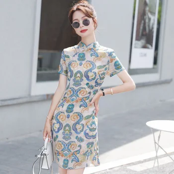 Женское летнее винтажное тонкое платье Чонсам, винтажные вечерние платья трапециевидной формы с модным принтом, M-3XL, модная юбка в китайском стиле, платье