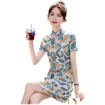 Женское летнее винтажное тонкое платье Чонсам, винтажные вечерние платья трапециевидной формы с модным принтом, M-3XL, модная юбка в китайском стиле, платье Изображение 2