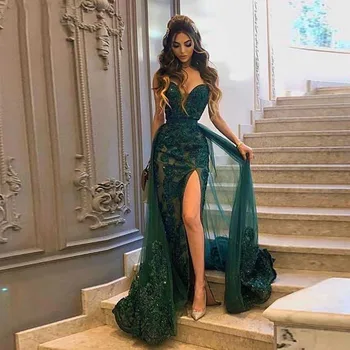 2023 Элегантное зеленое вечернее платье со съемным хвостом, Роскошная Русалка, Кружевная аппликация сбоку, платье для выпускного вечера, халаты для коктейлей