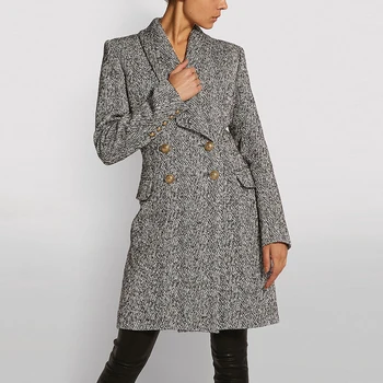 Высококачественное новейшее осенне-зимнее красивое дизайнерское пальто, женское двубортное пальто со львиными пуговицами, Твидовое пальто из смесовой шерсти в елочку
