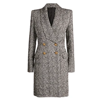 Высококачественное новейшее осенне-зимнее красивое дизайнерское пальто, женское двубортное пальто со львиными пуговицами, Твидовое пальто из смесовой шерсти в елочку Изображение 2