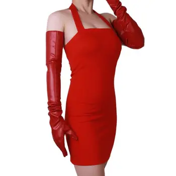 Удлиненные кожаные перчатки Женские 70 см выше локтя, имитация кожи, искусственная овчина, женские перчатки без подкладки, модные Красные WPU54 Изображение 2