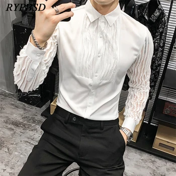 Сексуальная прозрачная рубашка в полоску, Мужская Мода 2023 Harajuku, Белая повседневная рубашка на пуговицах в корейском стиле с длинным рукавом, Костюм Певицы