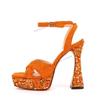 Оранжевые Босоножки на платформе с украшением в виде кристаллов, ремешок сзади, Обувь с квадратным носком, Женская обувь на высоком каблуке, Модная обувь 2023 года, Zapatos Para Mujere