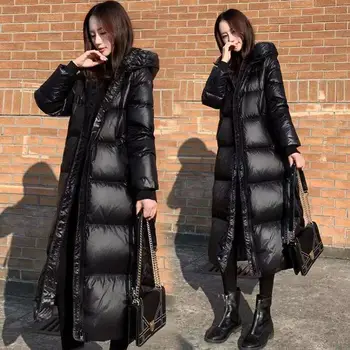 В 2022 году новая хлопчатобумажная куртка с блестящей черной подкладкой из перьев, Длинная, выше колена, утолщенная, Зимнее Свободное хлопчатобумажное пальто Han Edition