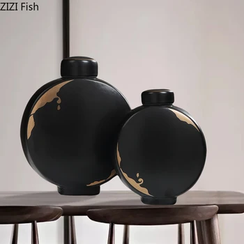 Креативная китайская керамическая ваза с крышкой с золотым узором, Ваза для цветов круглой формы, Современное украшение для дома, Керамические Поделки, Вазы Изображение 2