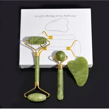 Набор для массажа лица с натуральным нефритовым роликом для расслабления лица, инструмент для ухода за кожей Green Jade Spa