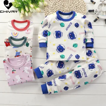 Новые детские осенние пижамные комплекты для маленьких мальчиков и девочек, милая футболка с длинными рукавами и круглым вырезом из мультфильмов со штанами, одежда для сна для новорожденных Изображение 2