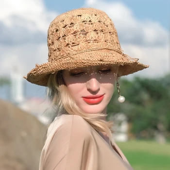 X4141 Новая складываемая Вручную Солнцезащитная Шляпа Lafite UV Sun Hat, Женские Летние Соломенные Летние Кепки, Женская Панама, Пляжные Шляпы Изображение 2