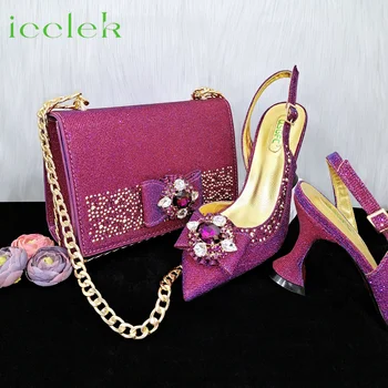 2023 г., Пурпурный цвет, Высококачественные туфли с острым носком и бабочкой, комплект с объемной сумкой для Нигерийской вечеринки