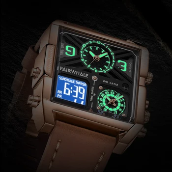 Мужские часы Mark Fairwhale в стиле ретро, квадратные, с несколькими часовыми поясами, светящиеся наручные часы, классические кожаные мужские часы, водонепроницаемые relogio 4380 Изображение 2