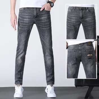 Весенне-осенние Новые облегающие эластичные джинсы, модные брендовые серые мужские брюки с вышивкой Изображение 2