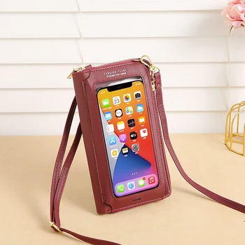 1 Корейская модная мини-сумка для телефона с сенсорным экраном, женская сумка через плечо из искусственной кожи, женский кошелек, держатель для карт на молнии, кошелек Изображение 2