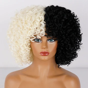 Короткие волосы, градиентные черно-белые вьющиеся волосы, черный синтетический градиентный цвет, подходит для чернокожих женщин, косплей, парик для вечеринки Изображение 2