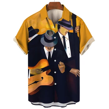 Летняя мужская рубашка с модным музыкальным рисунком, рубашка Aloha, Мягкий топ с коротким рукавом и пуговицами, Удобная Свободная мужская рубашка большого размера
